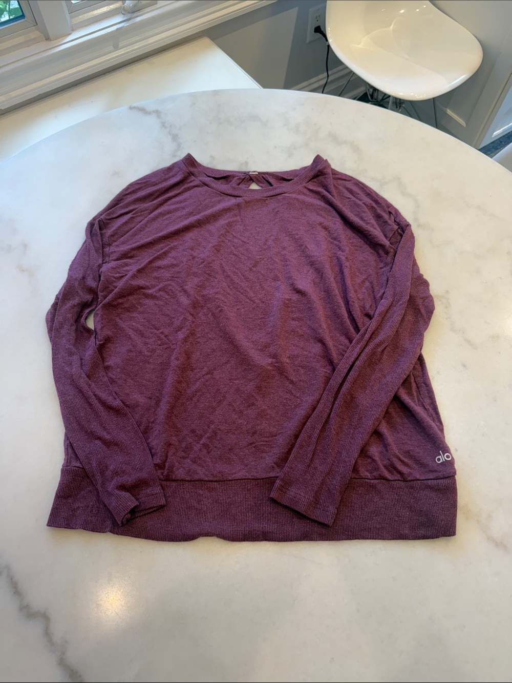 ALO Yoga Women's Long ribbed Sleeve Pullover in Plum with cut out center back